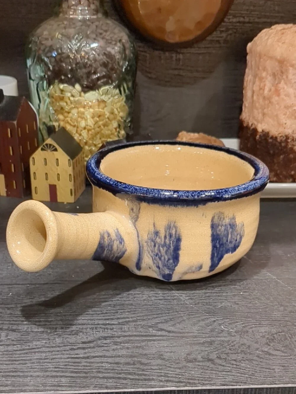 Vintage Handmade Ceramic Blue Floral Accent Soup Bowls With Handles Set Of 3